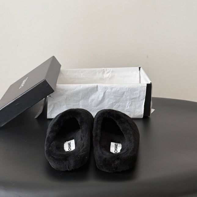 CHANEL 26S MULES IN BLACK SHEARLING LINING ROUND TOE