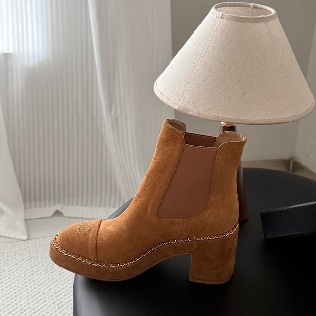 CHANEL 26S CHELSEA ANKLE BOOTS 70 MM IN BROWN SUEDE