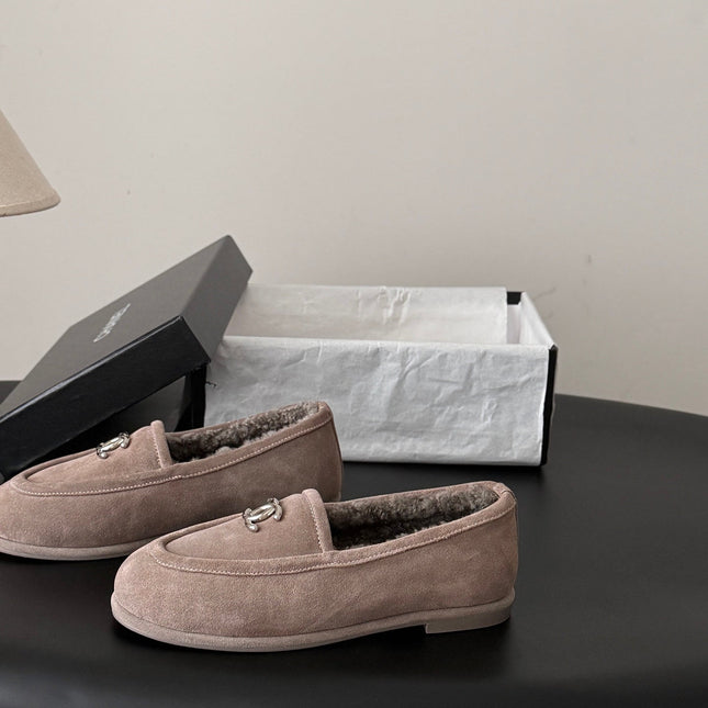 CHANEL 26S LOAFERS IN GREY SUEDE AND SHEARLING LINING