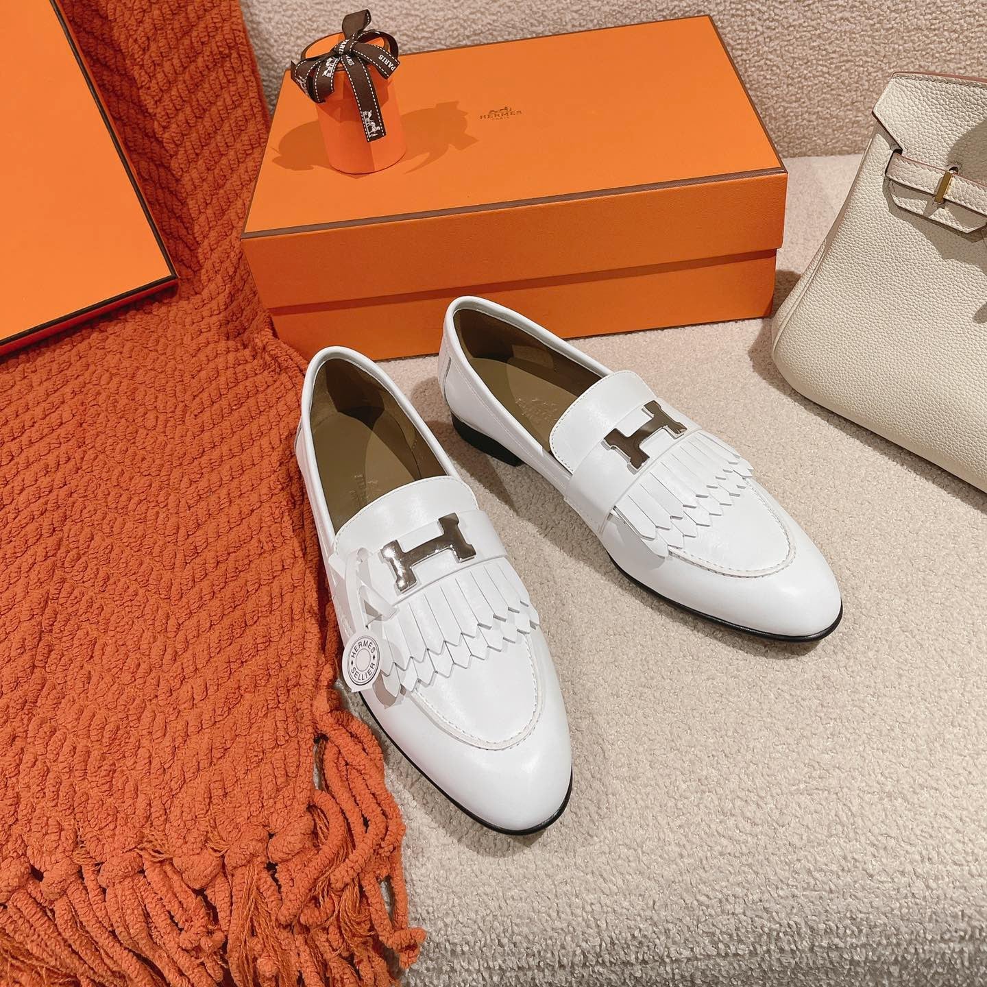 Destin Loafer White Goatskin with Fringe Detail