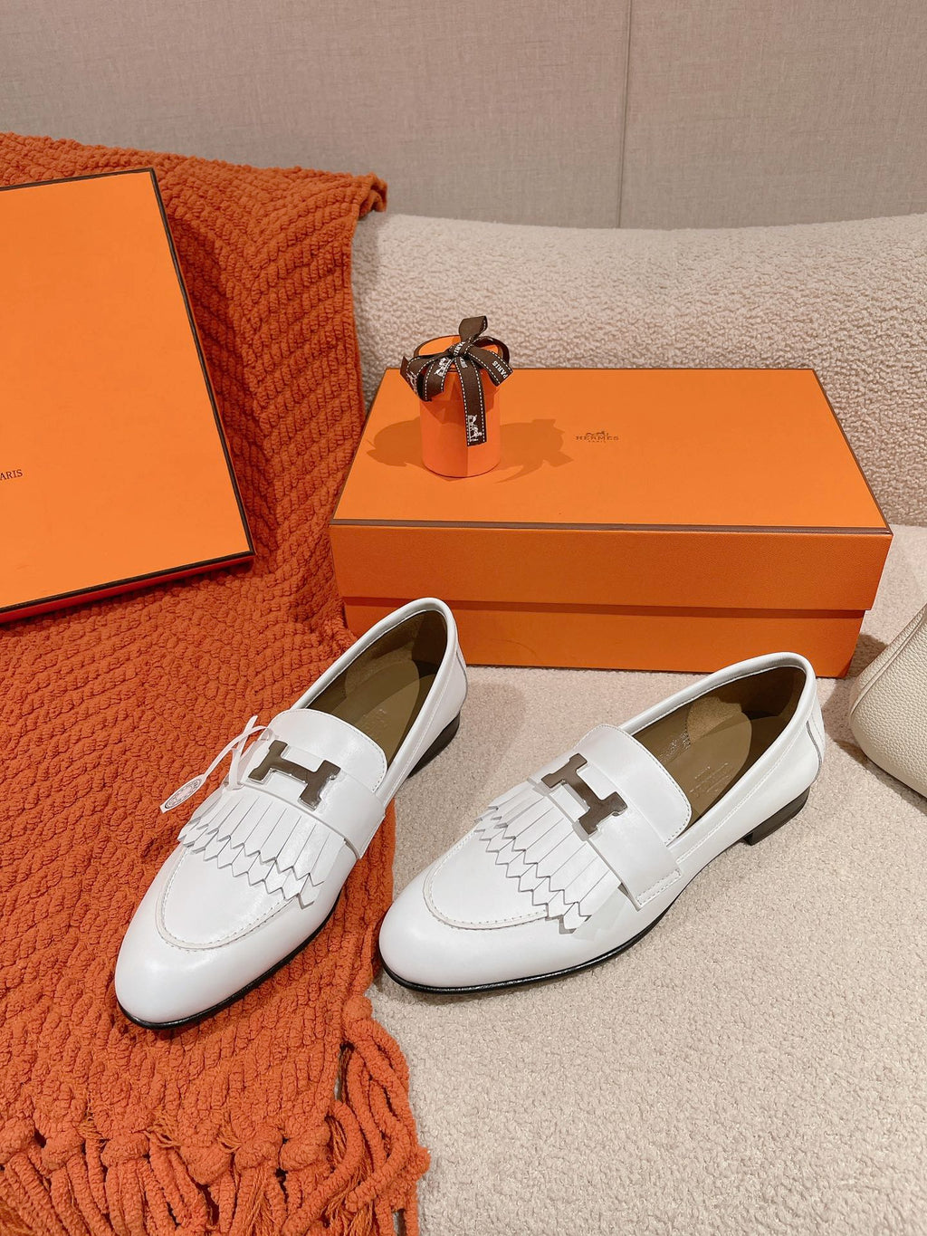 Destin Loafer White Goatskin with Fringe Detail