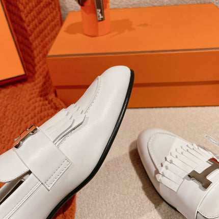 Destin Loafer White Goatskin with Fringe Detail