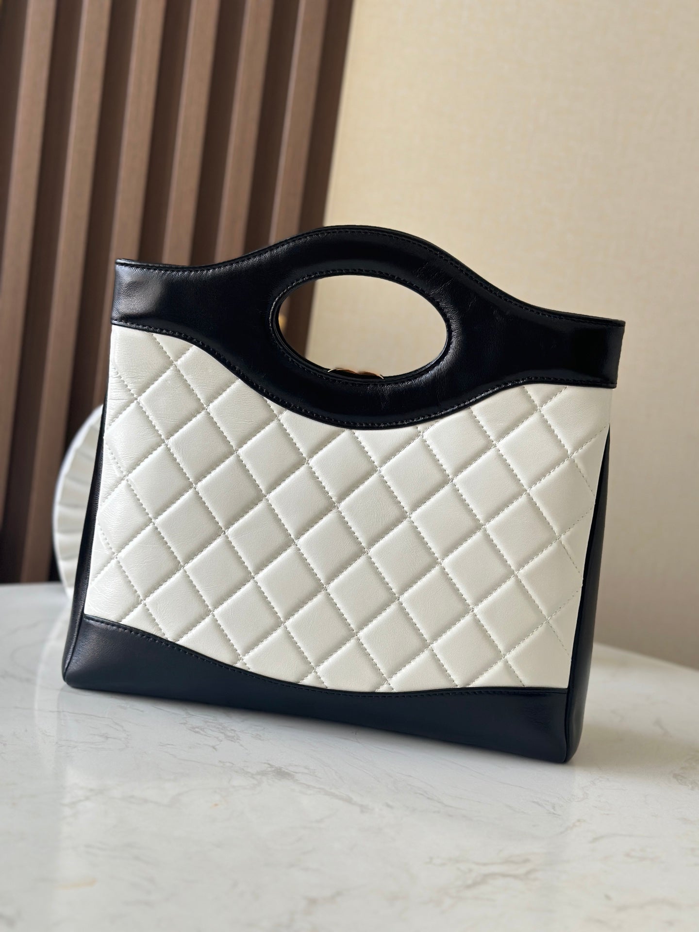 CHANEL 26S MINI SHOPPING BAG 32 IN WHITE AND BLACK LAMBSKIN