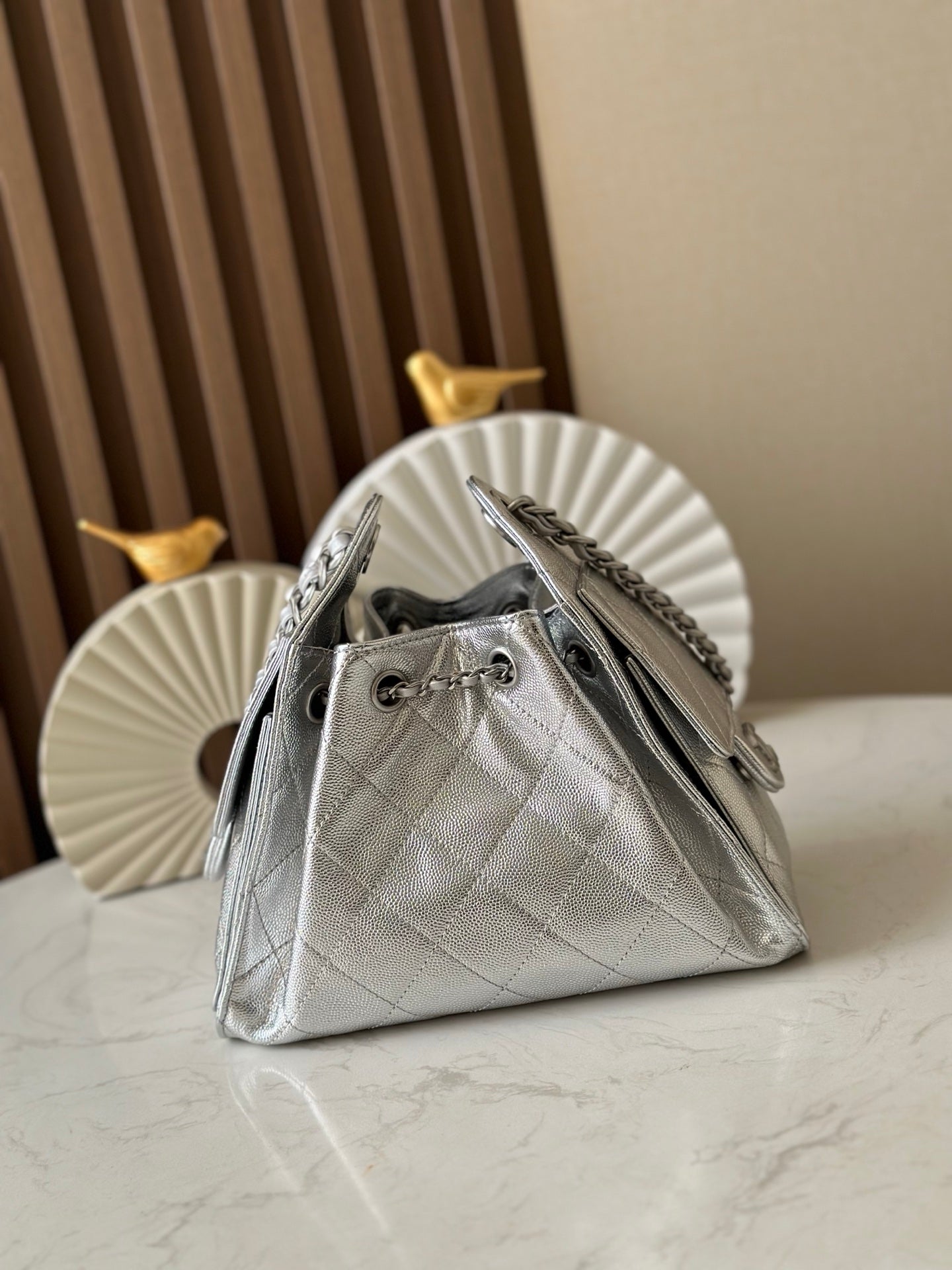 CHANEL 25S HOBO BAG 22 IN METALLIC SILVER CAVIAR CALFSKIN
