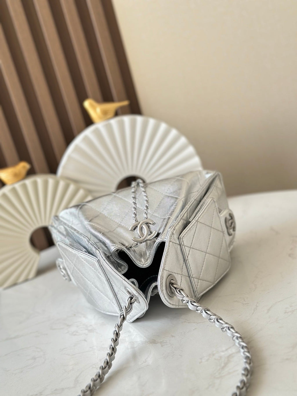 CHANEL 25S HOBO BAG 22 IN METALLIC SILVER CAVIAR CALFSKIN