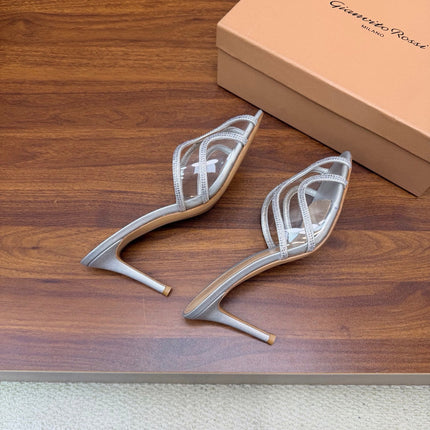 GIANVITO ROSSI 26S HIGH-HEEL SANDALS 85 MM IN SILVER PVC AND RHINESTONES