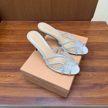 GIANVITO ROSSI 26S HIGH-HEEL SANDALS 85 MM IN SILVER PVC AND RHINESTONES