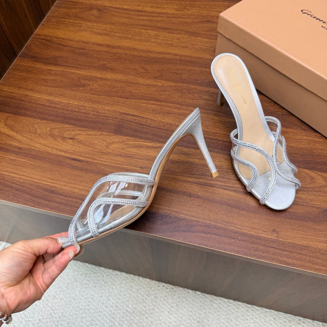 GIANVITO ROSSI 26S HIGH-HEEL SANDALS 85 MM IN SILVER PVC AND RHINESTONES