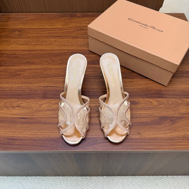 GIANVITO ROSSI 26S HIGH-HEEL SANDALS 85 MM IN ROSE GOLD PVC AND RHINESTONES