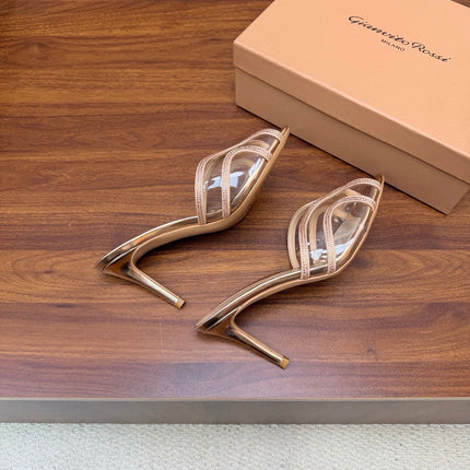 GIANVITO ROSSI 26S HIGH-HEEL SANDALS 85 MM IN ROSE GOLD PVC AND RHINESTONES