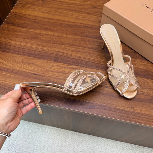 GIANVITO ROSSI 26S HIGH-HEEL SANDALS 85 MM IN ROSE GOLD PVC AND RHINESTONES