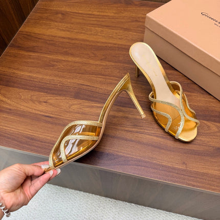 GIANVITO ROSSI 26S HIGH-HEEL SANDALS 85 MM IN GOLD PVC AND RHINESTONES