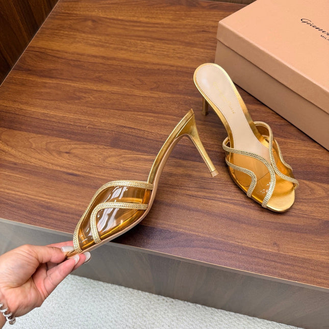 GIANVITO ROSSI 26S HIGH-HEEL SANDALS 85 MM IN GOLD PVC AND RHINESTONES