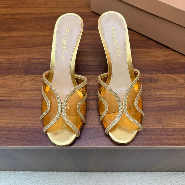 GIANVITO ROSSI 26S HIGH-HEEL SANDALS 85 MM IN GOLD PVC AND RHINESTONES