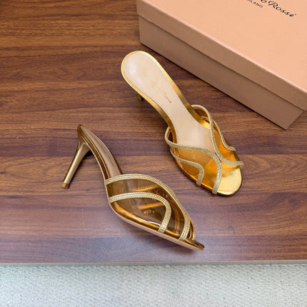 GIANVITO ROSSI 26S HIGH-HEEL SANDALS 85 MM IN GOLD PVC AND RHINESTONES