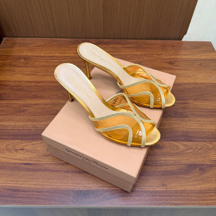GIANVITO ROSSI 26S HIGH-HEEL SANDALS 85 MM IN GOLD PVC AND RHINESTONES