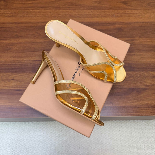 GIANVITO ROSSI 26S HIGH-HEEL SANDALS 85 MM IN GOLD PVC AND RHINESTONES
