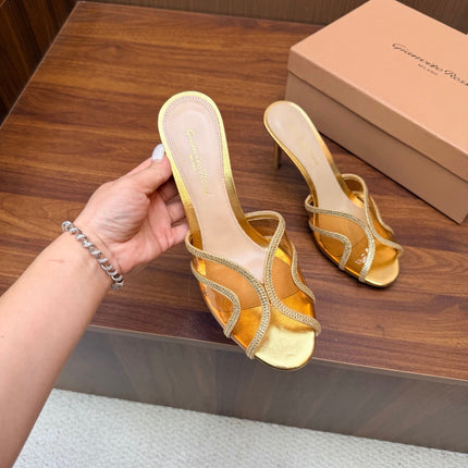 GIANVITO ROSSI 26S HIGH-HEEL SANDALS 85 MM IN GOLD PVC AND RHINESTONES