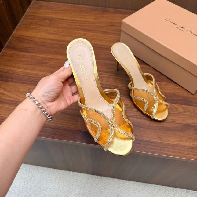 GIANVITO ROSSI 26S HIGH-HEEL SANDALS 85 MM IN GOLD PVC AND RHINESTONES