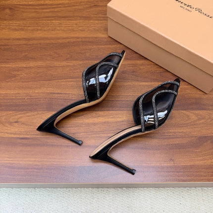 GIANVITO ROSSI 26S HIGH-HEEL SANDALS 85 MM IN BLACK PVC AND RHINESTONES