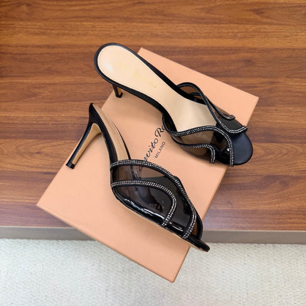 GIANVITO ROSSI 26S HIGH-HEEL SANDALS 85 MM IN BLACK PVC AND RHINESTONES