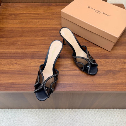 GIANVITO ROSSI 26S HIGH-HEEL SANDALS 85 MM IN BLACK PVC AND RHINESTONES