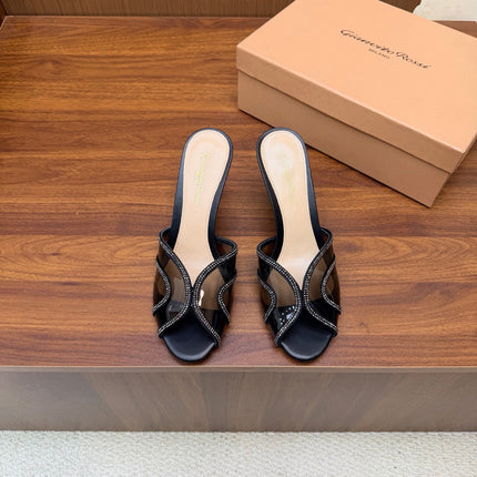 GIANVITO ROSSI 26S HIGH-HEEL SANDALS 85 MM IN BLACK PVC AND RHINESTONES