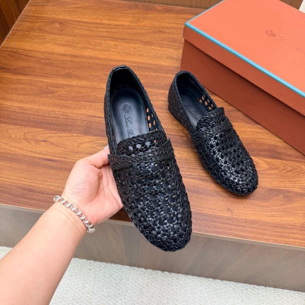 LP 26S PENNY LOAFERS IN BLACK CALFSKIN WITH BASKETWEAVE DESIGN