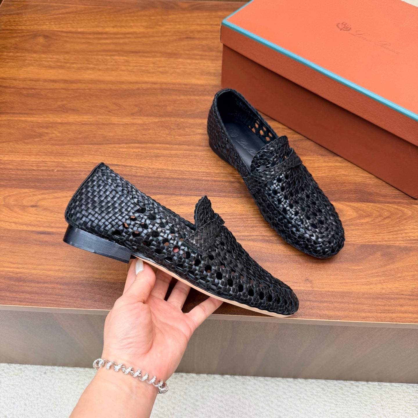 LP 26S PENNY LOAFERS IN BLACK CALFSKIN WITH BASKETWEAVE DESIGN