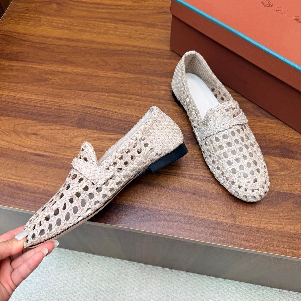 LP 26S PENNY LOAFERS IN CREAM WHITE CALFSKIN WITH BASKETWEAVE DESIGN