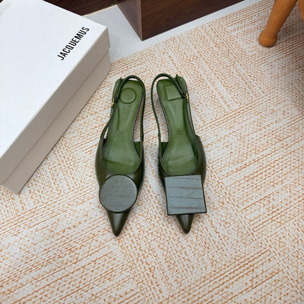 JACQUEMUS 26S SLINGBACK HEELS 45 MM IN MOSS GREEN CALFSKIN