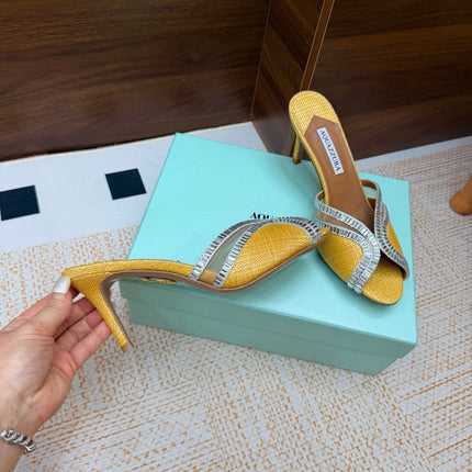 AQUAZZURA 26S HEELED SANDALS 75 MM IN YELLOW RAFFIA TEXTURE