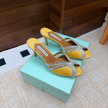 AQUAZZURA 26S HEELED SANDALS 75 MM IN YELLOW RAFFIA TEXTURE