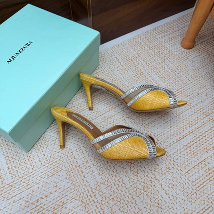 AQUAZZURA 26S HEELED SANDALS 75 MM IN YELLOW RAFFIA TEXTURE