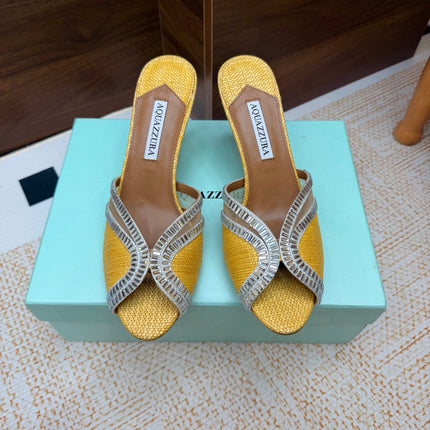 AQUAZZURA 26S HEELED SANDALS 75 MM IN YELLOW RAFFIA TEXTURE