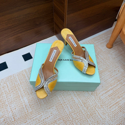 AQUAZZURA 26S HEELED SANDALS 75 MM IN YELLOW RAFFIA TEXTURE