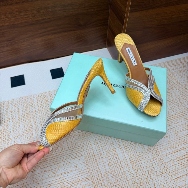 AQUAZZURA 26S HEELED SANDALS 75 MM IN YELLOW RAFFIA TEXTURE