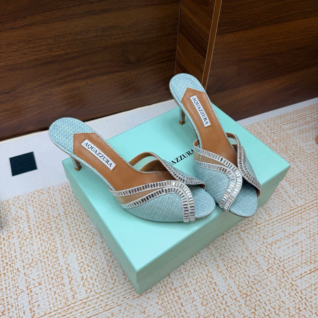 AQUAZZURA 26S HEELED SANDALS 75 MM IN LIGHT BLUE RAFFIA TEXTURE