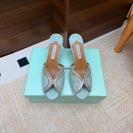 AQUAZZURA 26S HEELED SANDALS 75 MM IN LIGHT BLUE RAFFIA TEXTURE