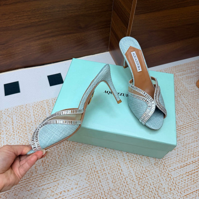 AQUAZZURA 26S HEELED SANDALS 75 MM IN LIGHT BLUE RAFFIA TEXTURE