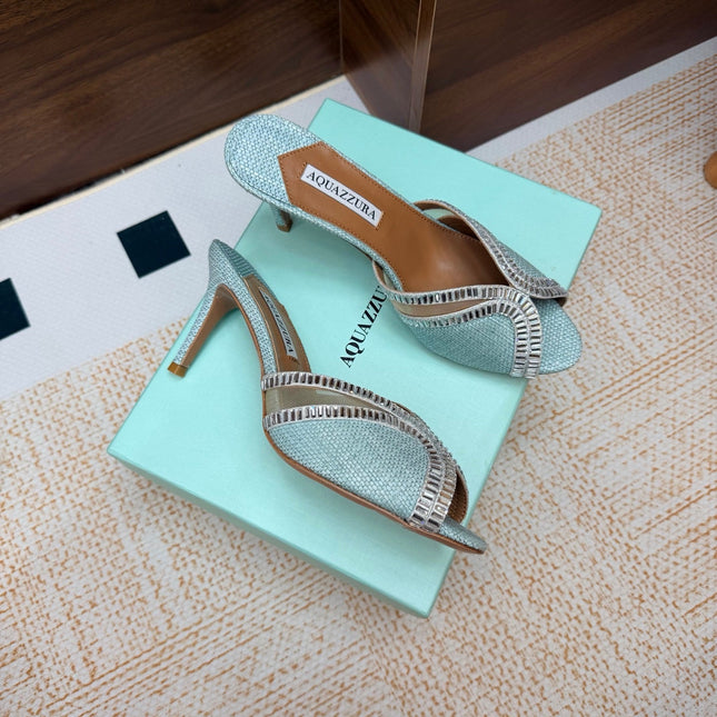 AQUAZZURA 26S HEELED SANDALS 75 MM IN LIGHT BLUE RAFFIA TEXTURE