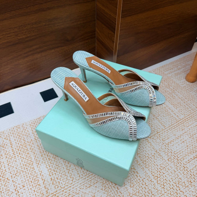 AQUAZZURA 26S HEELED SANDALS 75 MM IN LIGHT BLUE RAFFIA TEXTURE