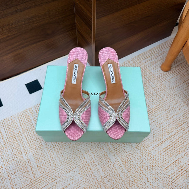 AQUAZZURA 26S HEELED SANDALS 75 MM IN PINK RAFFIA TEXTURE