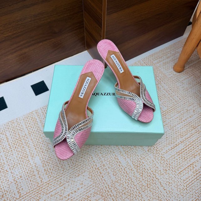 AQUAZZURA 26S HEELED SANDALS 75 MM IN PINK RAFFIA TEXTURE