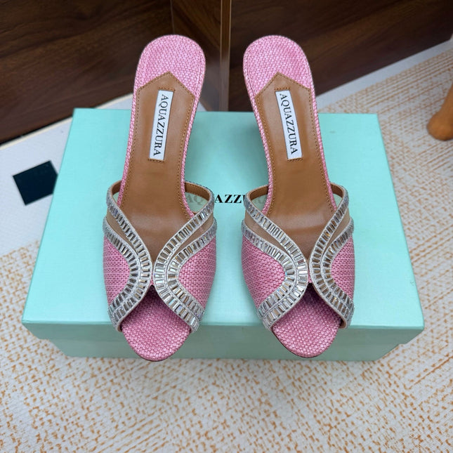 AQUAZZURA 26S HEELED SANDALS 75 MM IN PINK RAFFIA TEXTURE