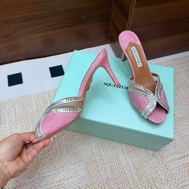 AQUAZZURA 26S HEELED SANDALS 75 MM IN PINK RAFFIA TEXTURE