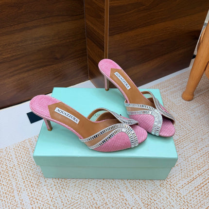 AQUAZZURA 26S HEELED SANDALS 75 MM IN PINK RAFFIA TEXTURE