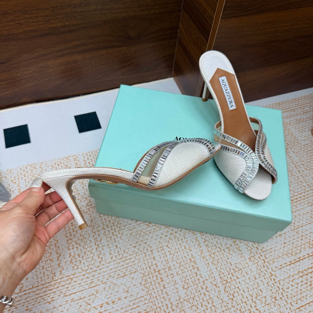AQUAZZURA 26S HEELED SANDALS 75 MM IN WHITE RAFFIA TEXTURE