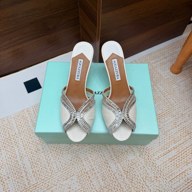 AQUAZZURA 26S HEELED SANDALS 75 MM IN WHITE RAFFIA TEXTURE