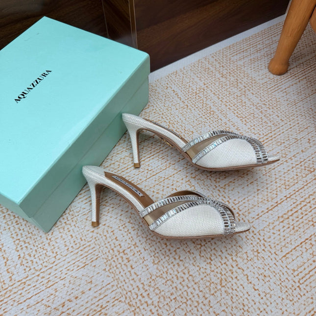 AQUAZZURA 26S HEELED SANDALS 75 MM IN WHITE RAFFIA TEXTURE